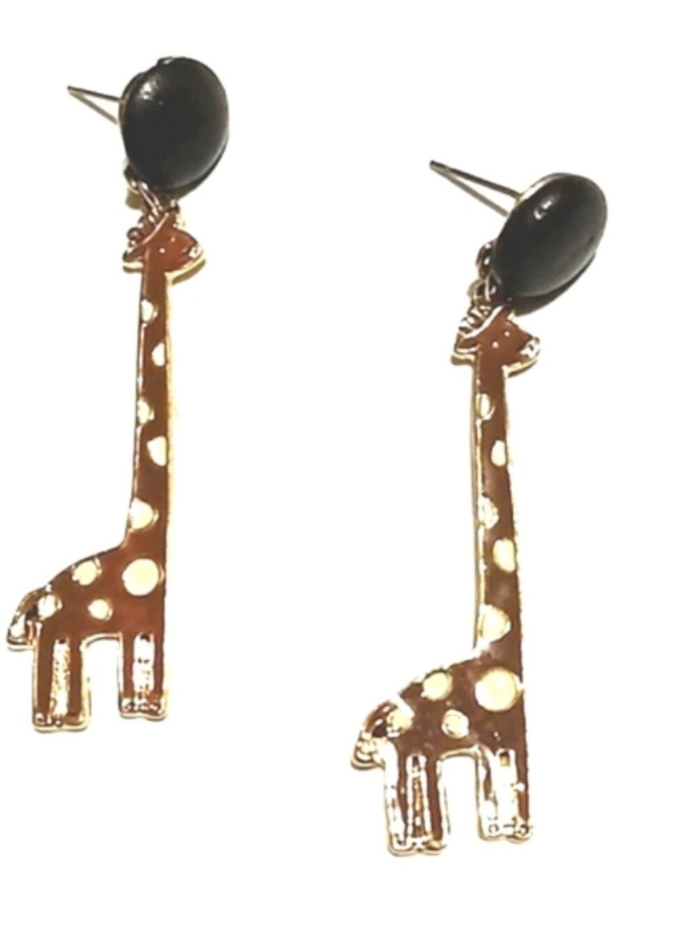 VINTAGE SILVER-TONE ENAMEL SPOTTED GIRAFFE BROWN LEATHER POST DROP 2.5" EARRINGS